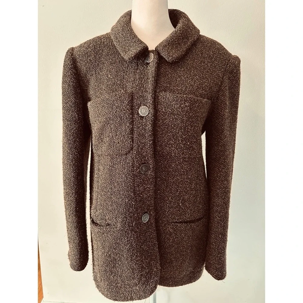 Chanel Boutique Vintage 97A Brown Wool Angora Tweed Jacket CC Logo Buttons 38